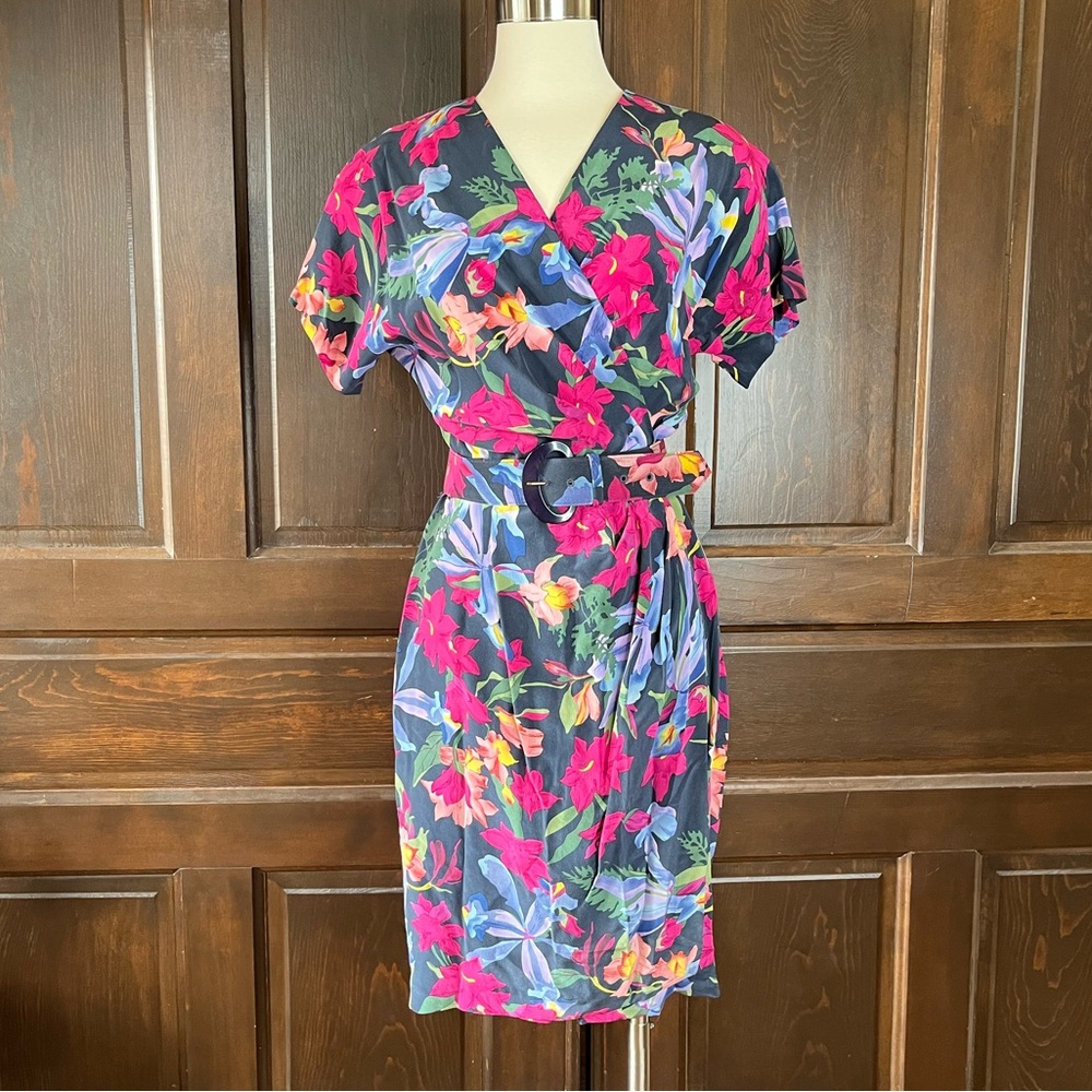 Liz Claiborne Floral Silk Dress 90s Sz 4 Faux Wrap Belted Short Sleeve Tropical